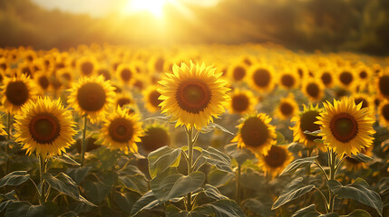An open field of sunflowers facing the golden rays of the early morning