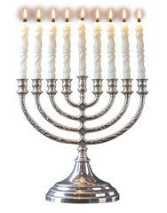 Silver Hanukkah menorah, a nine-branched candelabrum lit during the eight-day Jewish holiday of Hanukkah. Cutout image on a transparent background.