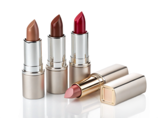 Elegant Lipstick Trio:  Luxury Gold Packaging,  Nude, Brown, and Red Shades,  Reflective Surface,  High-End Cosmetic Product Shot.
