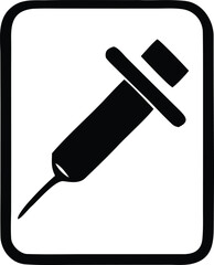 Simple black silhouette of a medical syringe with a needle and plunger inside a rounded square border