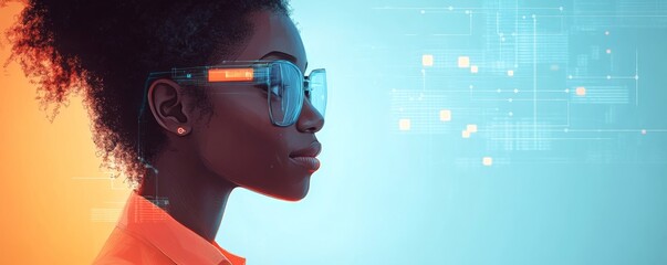 AI cybersecurity threat illustration featuring a school student learning data coding and technology, augmented reality, and artificial intelligence collage, side profile with copy space, Generative AI