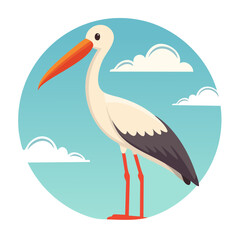 Illustration of a Stork with an Orange Beak Standing Calmly Under a Cloud