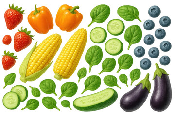 Fresh mixed fruits and vegetables isolated on transparent background, healthy diet