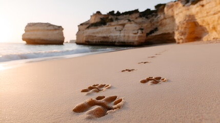 Dog paw prints in the sand on beach during sunset by cliffs  