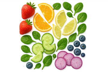 Fresh healthy fruits and vegetables isolated on transparent background