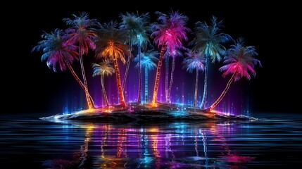 Neon Palm Island with Tropical Night, and Fantasy Scene.