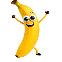Funny cartoon banana character with big eyes and a smile, isolated on white background.