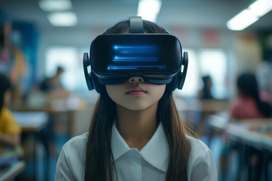 School student with VR headset using AI artificial intelligence technology and machine learning. Interactive technology in the classroom, AI blue hologram in education innovation, Generative AI