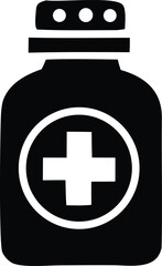 Simple black and white illustration of a medicine bottle with a prominent white cross symbol inside a circle on its front label