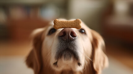 Golden retriever dog balancing treat on its nose indoors  