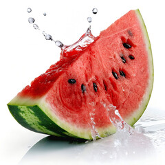 Fresh juicy watermelon slice with splashing water on white background, perfect summer refreshment.