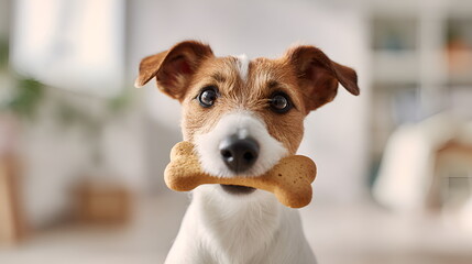 Dog holding a bone in its mouth while looking at the camera indoors  
