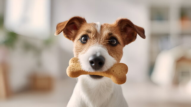 Dog holding a bone in its mouth while looking at the camera indoors  