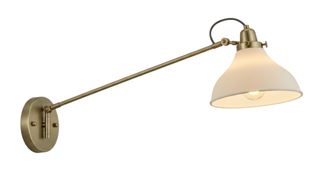 Elegant Brass Swing Arm Wall Lamp with White Shade.