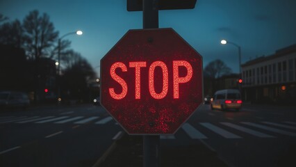 A glowing stop sign stands tall against a twilight backdrop, signaling motorists to halt in a dimly lit urban setting.