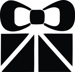 Bold black and white graphic illustration of a gift box with a prominent bow and diagonal ribbon accents