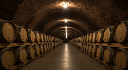 A captivating view of an underground wine storage, with its symmetrical rows of barrels and warm lighting, creating a sense of depth, tradition, and quiet contemplation.