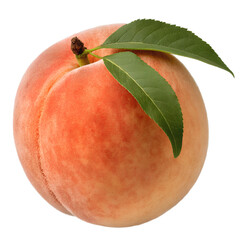 Ripe peach with green leaves on white background, fresh and juicy summer fruit.
