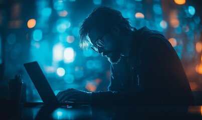 Cybersecurity analyst monitoring AI-driven threats in a dark office environment, emphasizing ethical hacking and data protection in a tech-centric world, Generative AI