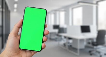 Man caucasian businessman hand holding a modern smartphone with bright green screen over a blurred office background, a concept of mobile app promotion and advertisement display for chromakey use.
