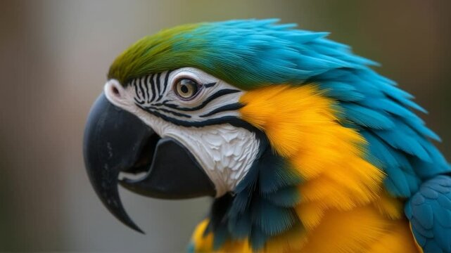 A detailed close up view of a vibrant blue and yellow macaw tropical bird head