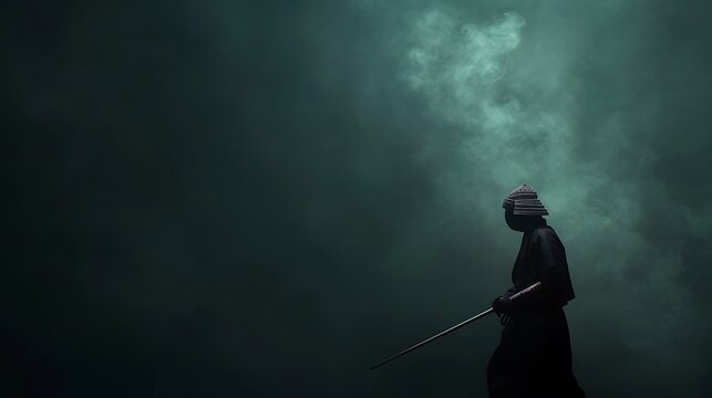 Kendo Warrior with Sword in Dramatic Smoke