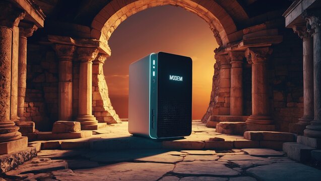 Futuristic computer tower illuminated in ancient ruins at sunset with dramatic lighting