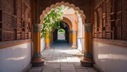 Fototapeta premium Intricate arched architecture with lush greenery visible in a serene passageway during daylight