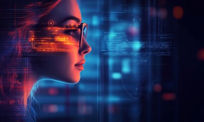 human head with binary code background, Generative AI