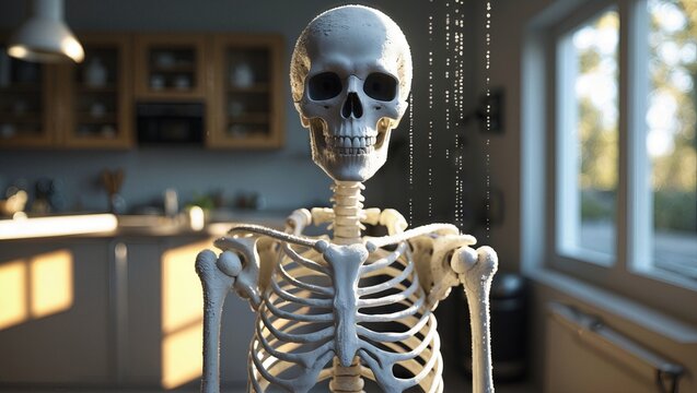 A detailed human skeleton posed in a well-lit kitchen environment, showcasing realistic anatomical features