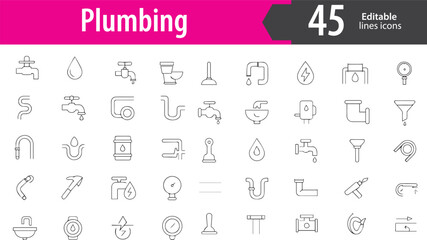Plumbing Line Icons, Pipe Wrench, Faucet, Leaking Pipe, Toilet, Water Valve, Editable Formats: AI, EPS, PNG, JPG, Ideal for Both Digital and Print Use
