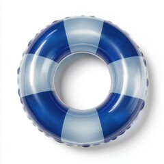 Blue and white striped inflatable swimming ring isolated on crisp white background