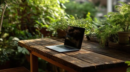 Modern laptop sits on rustic wooden table surrounded by lush green garden foliage