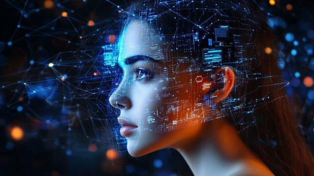 Futuristic female portrait with advanced circuitry and AI in an immersive virtual reality setting.