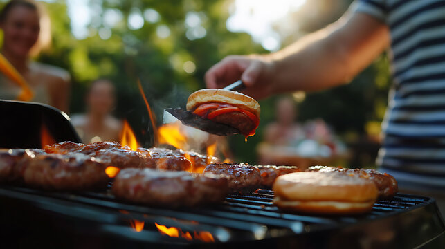  A barbecue grill master flipping burgers while chatting with friends in the backyard 