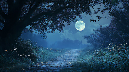 Fototapeta premium A peaceful moonlit stroll during mid-journey, with a cool breeze rustling through the leaves (1)
