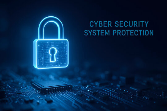 Glowing blue padlock hovers above circuit board symbolizing ai cybersecurity system protection in digital environment with futuristic technology and security concept