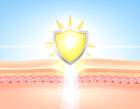 Skin protection illustration, showing a shield protecting skin layers from sun rays.