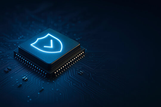 Glowing chip on circuit board represents ai cybersecurity system protection with shield symbol glowing in blue light on dark technology background