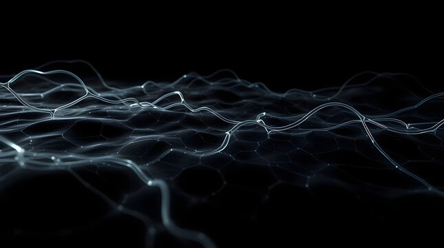 A dark, abstract image featuring subtle, glowing white wavy lines forming an interconnected network against a deep black background