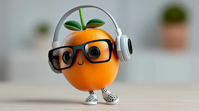 Cartoon orange wearing glasses and headphones. The orange is smiling and he is listening to music