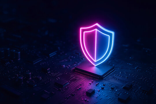Neon shield glowing on microchip represents ai cybersecurity system protecting digital data with advanced technology and secure network defense in futuristic concept