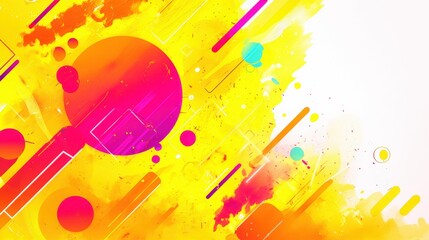 Vibrant abstract artwork featuring colorful shapes and lines on a bright background