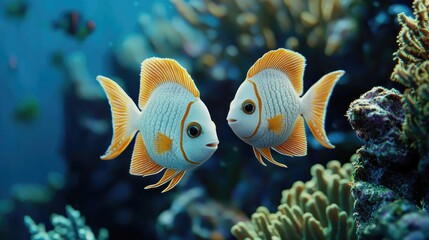 Obraz premium Two colorful fish swim amidst coral in a vibrant underwater scene.