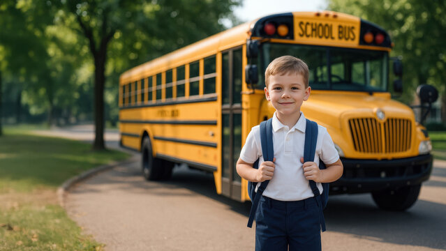 Smiling young schoolboy with backpack standing in front of classic yellow school bus on sunny day. Ready for his school journey.