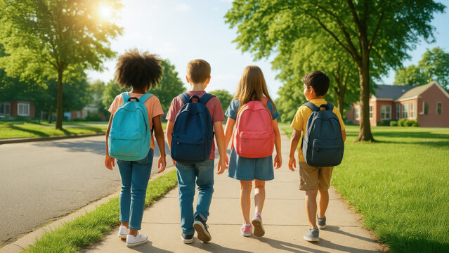 Four young schoolchildren with colorful backpacks walking on sunny suburban sidewalk toward school. Friendship and learning journey.