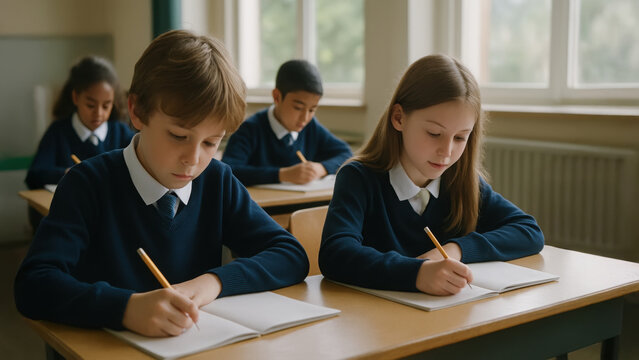 Focused schoolchildren in dark uniforms writing in notebooks at desks in classroom with large windows. Serious learning atmosphere. - Powered by Adobe