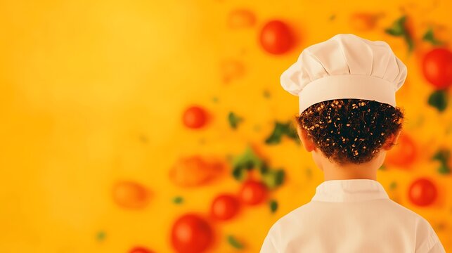 Adorable Kid Chef with Fresh Ingredients on Yellow Background