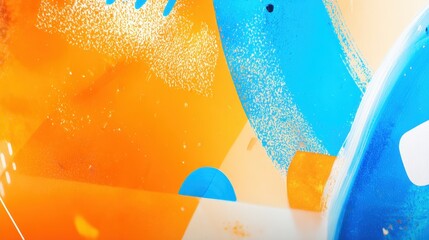 Vibrant abstract artwork featuring dynamic orange and blue shapes with a playful background