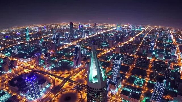 Stunning 4K Aerial View of Riyadh Cityscape at Night Featuring Glowing Lights and Modern Urban Architecture